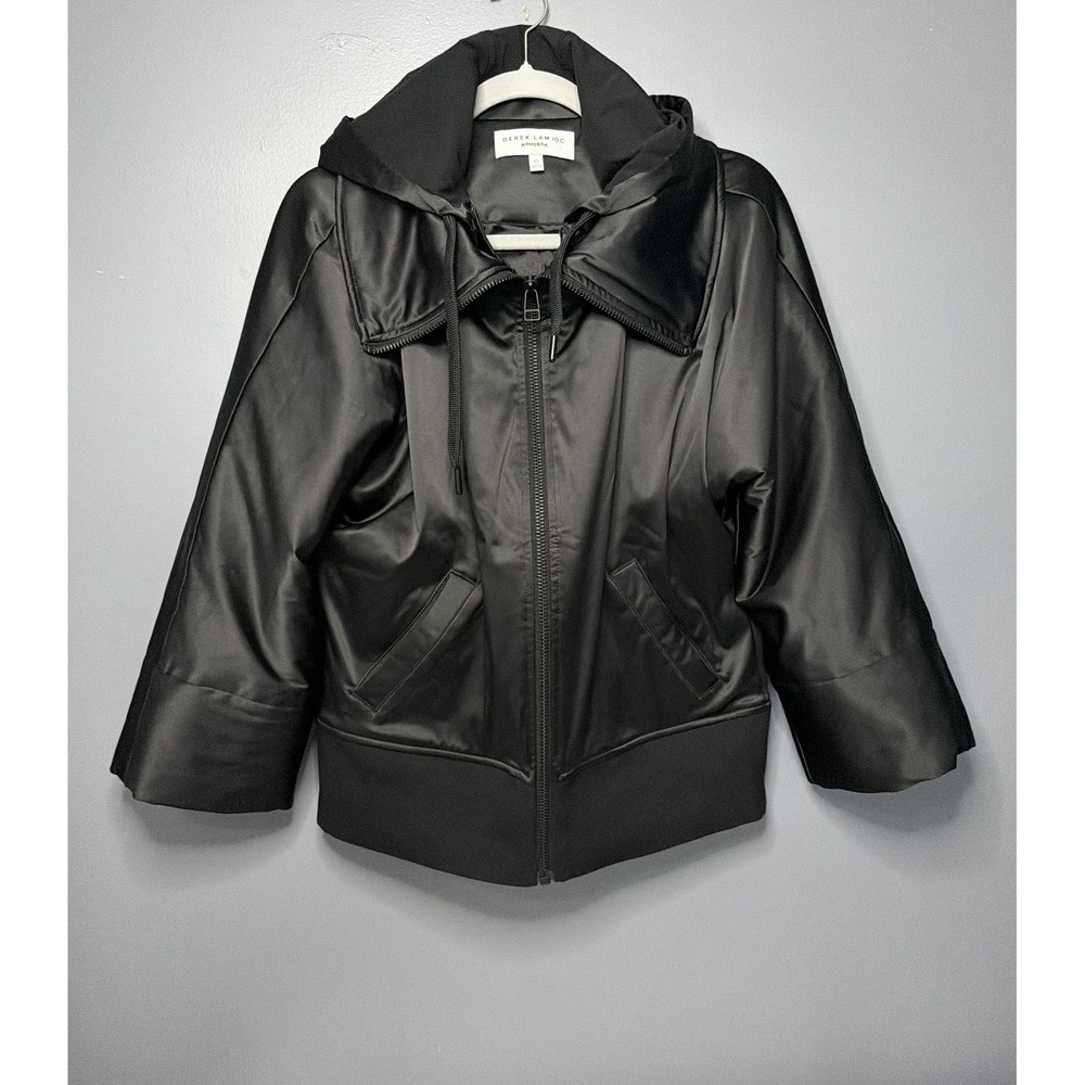 Derek Lam x Athleta Uptown Funnel Jacket Womens XS Black Satin Hooded Bomber
